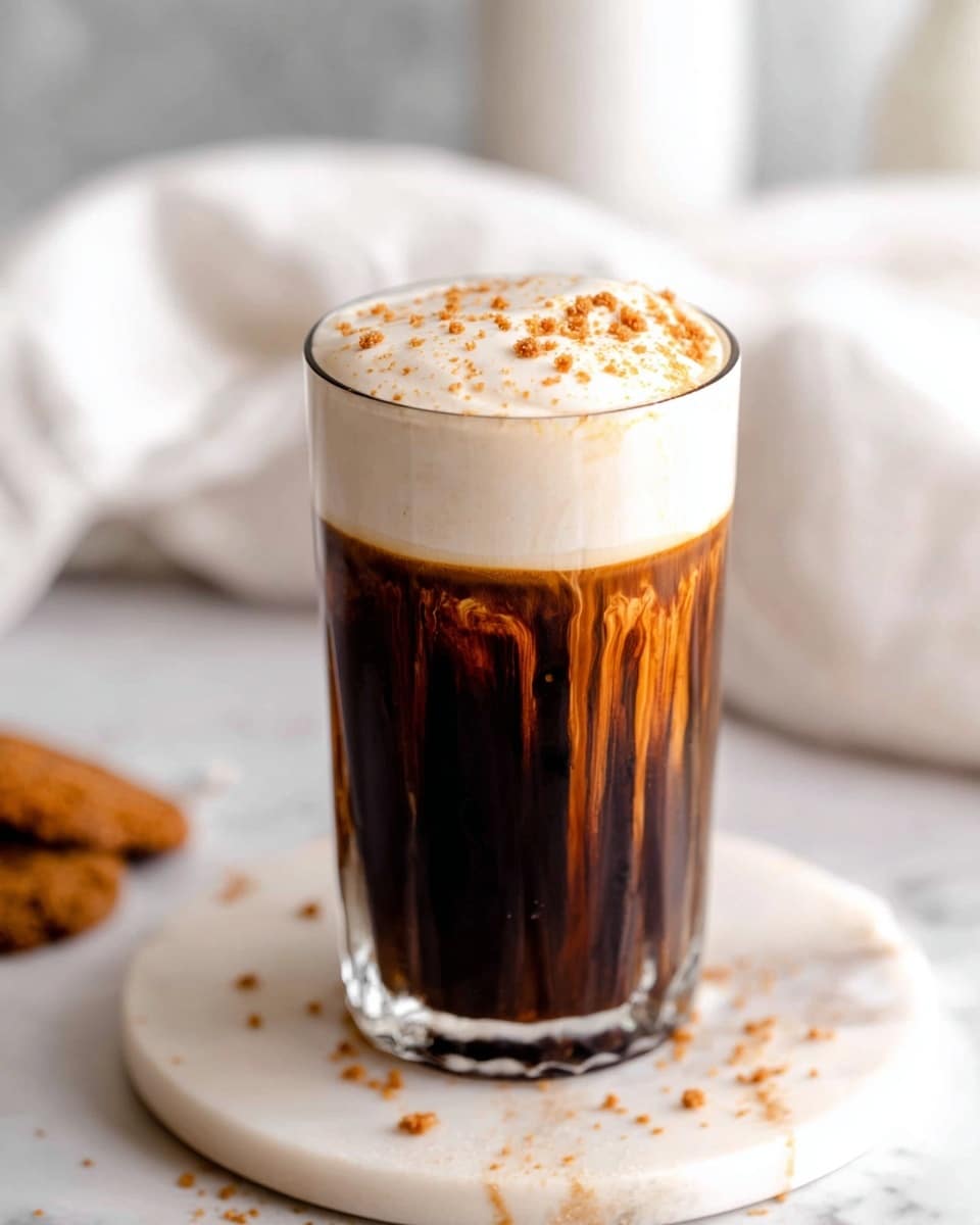 A clear tall glass filled with a dark brown coffee layer at the bottom and middle, with vertical streaks of white cream flowing down the inside of the glass, topped with a thick, smooth layer of light cream sprinkled with small brown crumbs. The glass is placed on a round white marble surface with scattered crumbs around, with a blurred white marbled background and soft white cloth in the back. Photo taken with an iphone --ar 4:5 --v 7