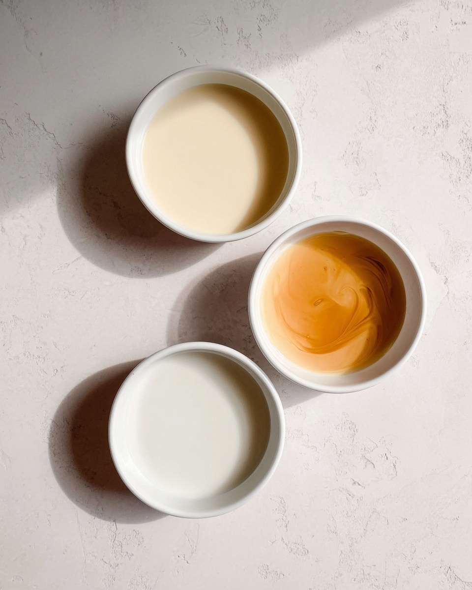 Three small white bowls on a white marbled surface each hold a smooth, liquid ingredient. The top bowl contains a light cream-colored liquid, the middle bowl has a white liquid, and the bottom bowl holds a light caramel-colored liquid. All liquids have a glossy texture and are evenly filled to the edges of the bowls. The bowls are arranged in a loose cluster, with soft natural light creating gentle shadows. Photo taken with an iphone --ar 4:5 --v 7
