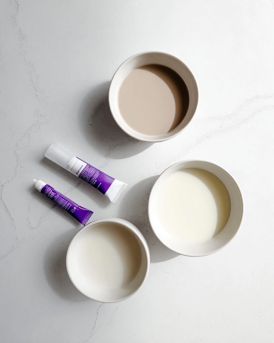 The image shows three white small bowls arranged in a triangle on a white marbled surface. The top bowl holds a light brown creamy liquid, the right bowl contains a white liquid, and the bottom bowl has a slightly off-white liquid. Next to the top left bowl, there is a small purple tube with a white cap placed on the surface. The scene is bright and clean, with soft shadows around the bowls. photo taken with an iphone --ar 4:5 --v 7