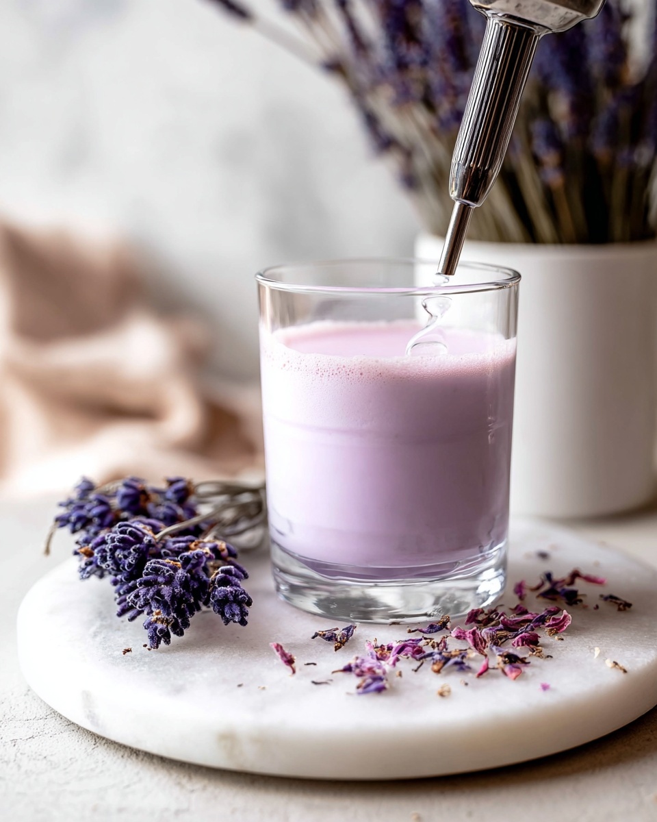 A clear glass holds a single smooth layer of light purple creamy liquid. A small frother is stirring the liquid from the top right side of the glass. The glass is placed on a round white marble board with scattered dried purple flower petals around it. A small bunch of dried lavender flowers lies on the left side of the marble board, and in the background, there is a white pot holding lavender flowers against a softly blurred white marbled surface. photo taken with an iphone --ar 4:5 --v 7