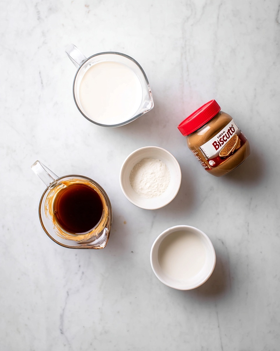 A top view of a white marbled surface with five items arranged loosely in a square shape: a glass measuring cup filled with white milk at the top left, a small white bowl with white cream or milk below it, a small glass pitcher with brown liquid resembling coffee or syrup at the bottom left, a small white bowl filled with white liquid near the bottom right, and a jar of creamy Biscoff cookie butter with a red lid on the top right side. The colors are mostly white and brown with clear glass containers photo taken with an iphone --ar 4:5 --v 7