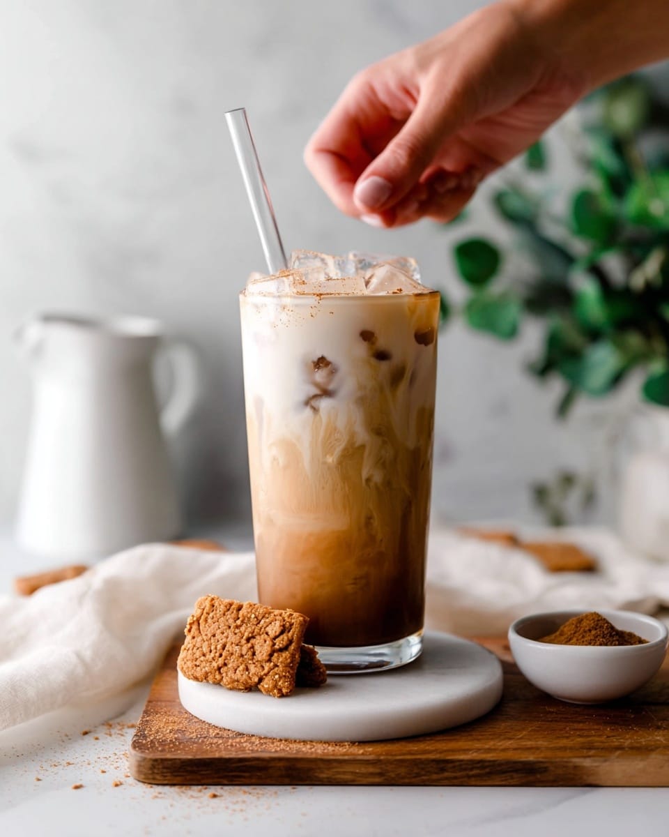 A tall clear glass filled with a three-layer iced coffee drink, the bottom layer is dark brown, swirling softly into the middle creamy light tan layer, topped with a thick light beige foam with specks of spice scattered over it. Large ice cubes float in the drink, visible through the glass. A woman's hand is stirring the drink with a clear straw. The glass sits on a white round coaster on a wooden cutting board, with a crumbled brown cookie in front and a square-shaped cookie resting beside a small white bowl of brown sugar or spice, all placed on a white marbled surface with a blurred white jug and green leaves in the background. photo taken with an iphone --ar 4:5 --v 7