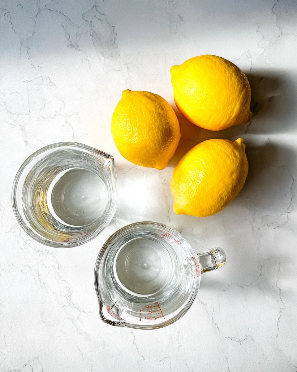 Three bright yellow lemons with a slightly rough texture are placed close to each other on a white marbled surface in the upper right area. Below them, there are two clear glass measuring cups with handles, both filled with clear liquid, positioned diagonally. The light reflects softly off the lemons and glass, creating a clean and fresh look. photo taken with an iphone --ar 4:5 --v 7