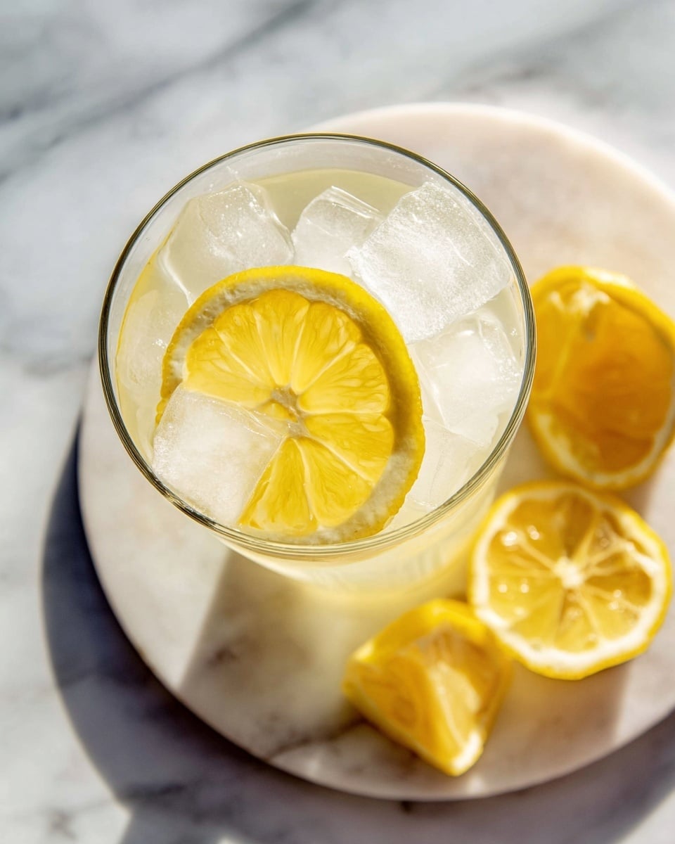 A clear glass filled with several ice cubes and a pale yellow liquid, topped with a bright yellow lemon slice floating on the surface; beneath the glass, there is a white marbled round plate with a few lemon wedges scattered around it, all set against a white marbled surface. photo taken with an iphone --ar 4:5 --v 7