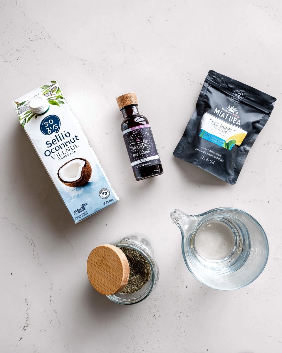 A flat lay on a white marbled surface shows five items neatly spaced out: a tall rectangular carton of So Delicious Organic Coconut Vanilla milk with soft blue and white colors and a coconut image on the front on the left, a small dark bottle of Native Vanilla Pure Extract Blackberry with a white label and blackberry images near the center, a black and blue packet of Milliard Citric Acid with lemon graphics on the top right, a glass jar with a wooden lid labeled Sage Herb filled with sage powder on the bottom left, and a clear glass measuring cup with water on the bottom right. The scene is bright and clean with soft natural light. Photo taken with an iphone --ar 4:5 --v 7