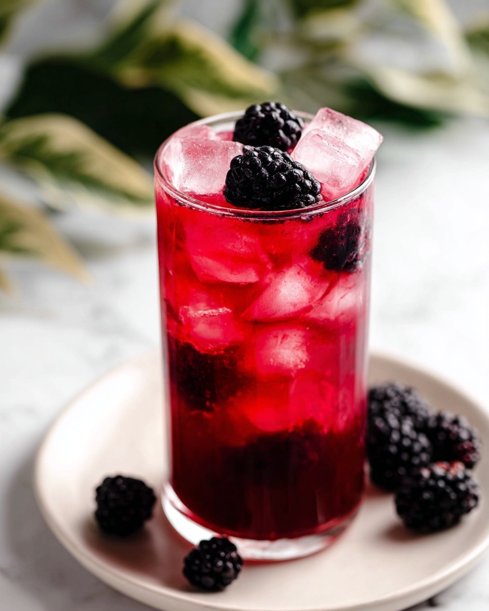 A tall clear glass is filled with a bright red drink, layered with several ice cubes that are translucent and irregular in shape. Floating near the top and throughout the drink are whole blackberries with deep black-purple color and bumpy texture. The glass sits on a white plate placed on a white marbled surface, blurred green leaves and more blackberries can be seen faintly in the soft background. Photo taken with an iphone --ar 4:5 --v 7