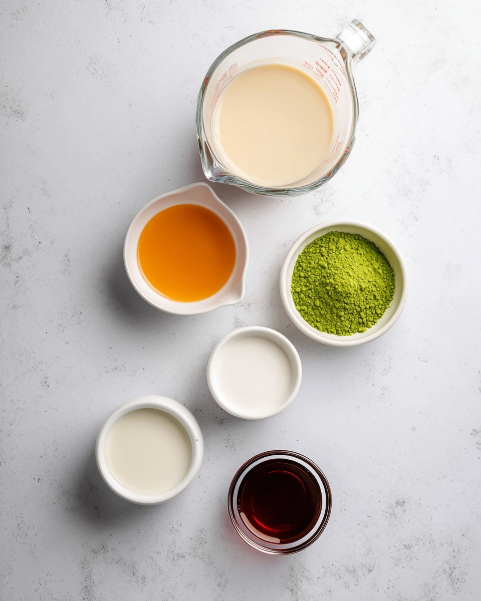 The image shows six containers arranged on a white marbled surface, holding different ingredients. At the top left, there is a clear glass measuring cup filled with a creamy beige liquid. Below it, slightly to the left, is a white small bowl with a bright orange liquid. To the right of this bowl is another white small bowl with a white liquid. Below these, on the left, is a very small white cup with a light cream liquid. To the right of this cup is a white small bowl filled with bright green powder. At the bottom center there is a transparent small glass cup containing a dark reddish-brown liquid. photo taken with an iphone --ar 4:5 --v 7