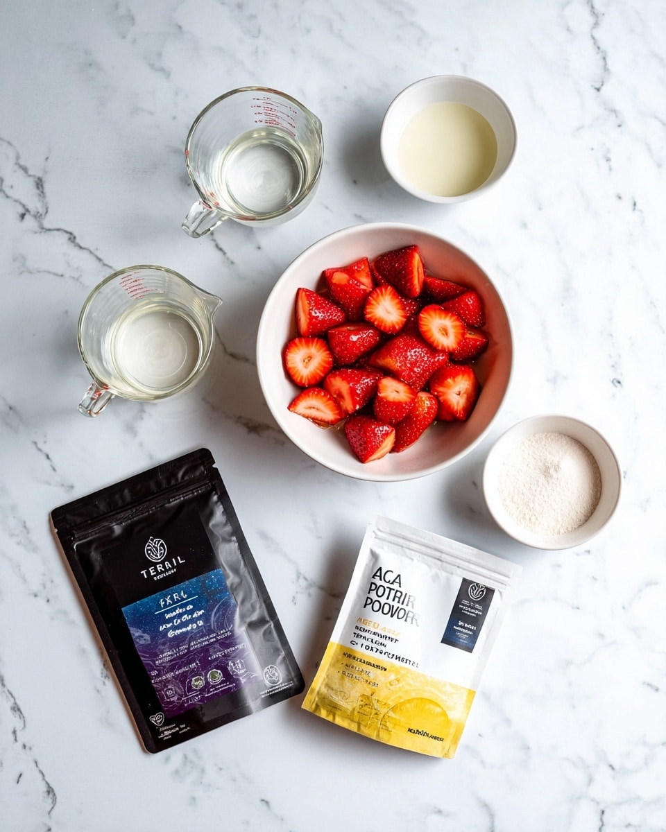 The image shows a white marbled surface with various ingredients arranged neatly. At the center, there is a white bowl filled with halved fresh strawberries, their bright red color contrasting with the white bowl. To the top left and right of the bowl are two glass measuring cups, one containing a white liquid and the other a clear liquid. Below these, on the white marbled surface, are three packets: a black and purple packet labeled