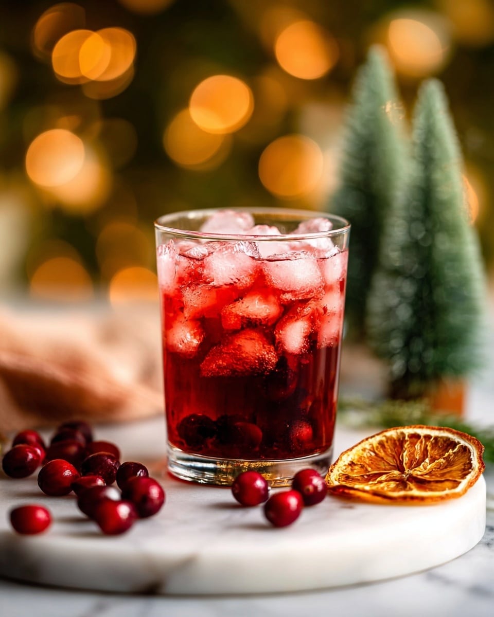 A clear glass filled with a dark red drink layered with many ice cubes sitting on a round white marble board; scattered around the board are whole and halved fresh red cranberries, along with some dried orange slices placed near the bottom right edge. In the blurred background, green miniature pine trees and soft warm bokeh lights create a cozy holiday atmosphere, all set on a white marbled surface. photo taken with an iphone --ar 4:5 --v 7