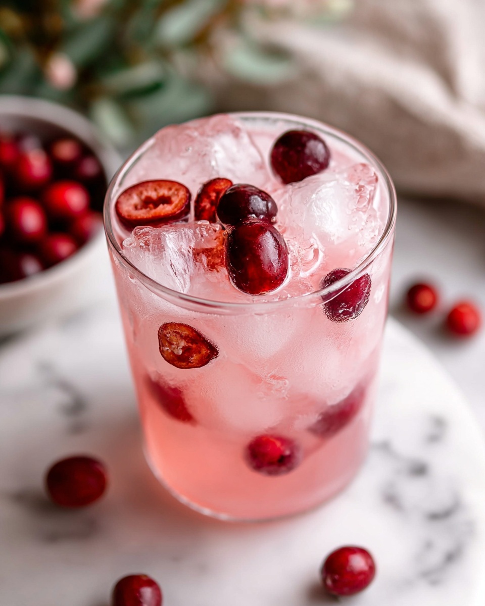 A clear glass filled with a light pink drink sits on a white marbled surface. Inside the glass, there are several large, clear ice cubes scattered throughout the drink, with whole and halved dark red cranberries floating on top and slightly mixed into the liquid. Around the glass, a few more cranberries are scattered on the white marbled texture. The background is softly blurred, with hints of green foliage and a soft light cloth in the distance. The image shows a close-up from above, focusing on the color contrast of the pink drink, red cranberries, and clear ice. Photo taken with an iphone --ar 4:5 --v 7