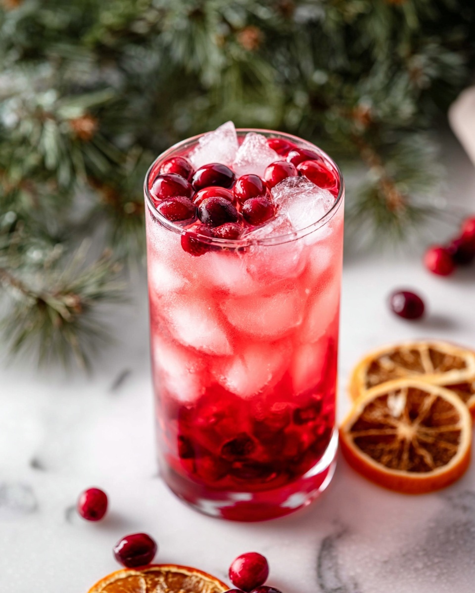 A tall clear glass filled with a bright red drink, layered with many ice cubes that are translucent white and slightly shiny. On top of the ice, there are fresh whole and halved red cranberries scattered evenly. The glass sits on a white marbled surface with a few loose cranberries and dried orange slices around it. In the background, there are blurred green pine branches adding a fresh and natural feel. The lighting is soft, highlighting the cold, refreshing texture of the drink. photo taken with an iphone --ar 4:5 --v 7