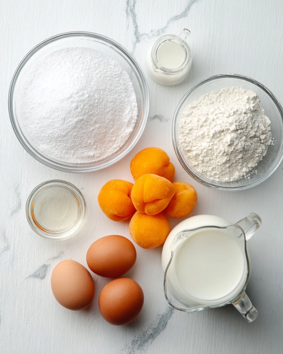 A white marbled surface holds a clear glass bowl on the left filled with white granulated sugar, next to a clear small glass bowl with white flour. Five bright orange apricots are placed close together near the center. A clear glass small bowl with a white powder, likely cornstarch, is located behind the apricots. To the right, there is a clear glass pitcher filled with milk, and a tiny clear glass container with vanilla extract. At the bottom left, four brown eggs rest on the surface near a large white bowl that is partly visible at the bottom right. Photo taken with an iphone --ar 4:5 --v 7