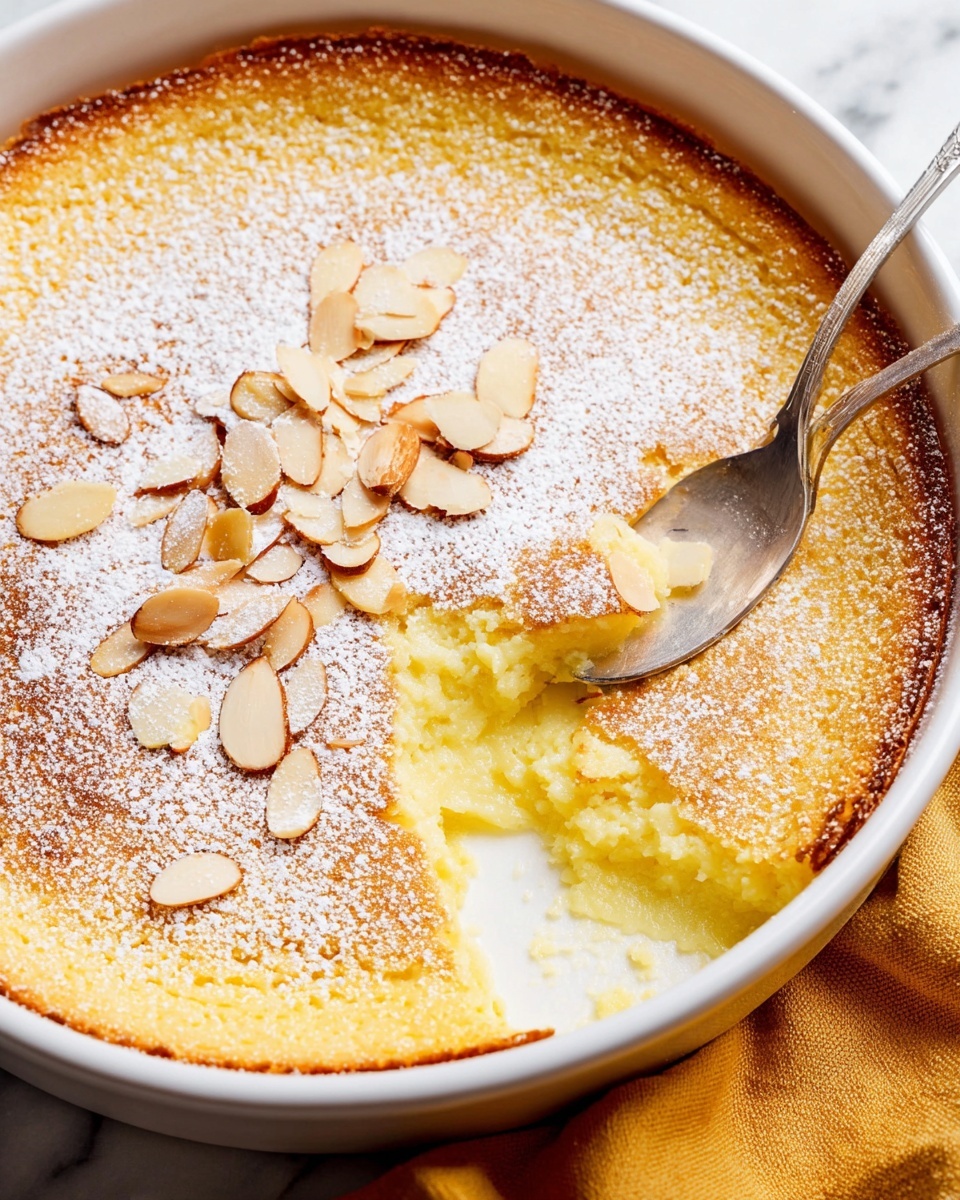 The image shows a close-up of a soft yellow baked dessert in a white round dish, with one serving scooped out using a silver spoon, revealing a creamy, smooth inside layer and a slightly browned top crust. The top layer is sprinkled with powdered sugar and scattered with thin, light brown almond slices. The edges of the dessert have a golden brown color, adding texture contrast. The dish is placed on a white marbled surface with a hint of a mustard-yellow fabric nearby. photo taken with an iphone --ar 4:5 --v 7
