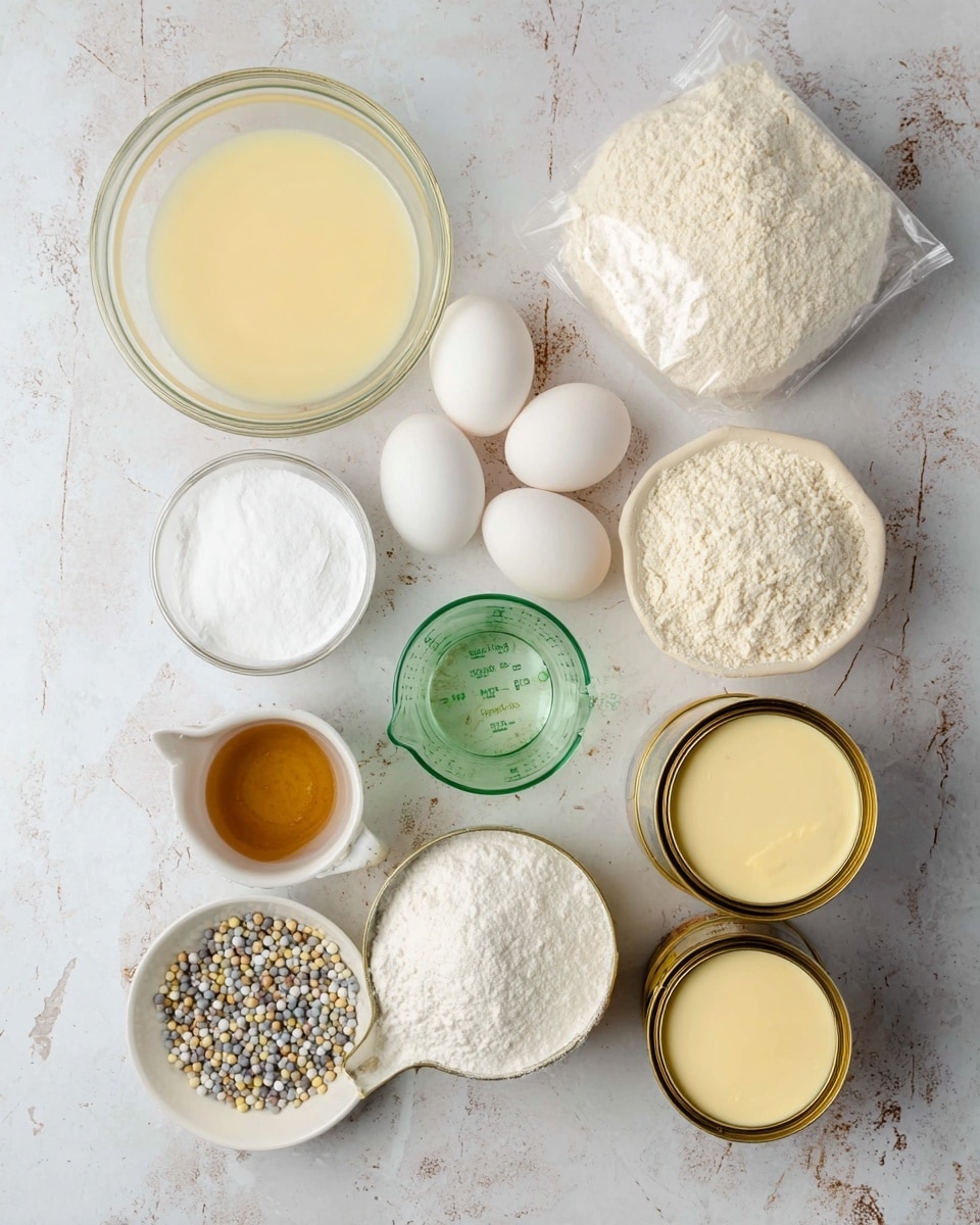The image shows a flat lay of baking ingredients arranged neatly on a white marbled surface. At the top left is a glass bowl filled with a pale yellow liquid, next to three white eggs placed side by side. A sealed plastic bag of white flour is at the top right. Below the eggs and flour are small containers: a clear glass cup with a pale liquid, a white bowl filled with white powdered sugar, a green glass measuring cup with water, a small beige measuring cup with a brown liquid, and a small white bowl containing white, gold, and gray round sprinkles. At the bottom, two open cans filled with light yellow condensed milk or cream sit beside a small white bowl with fine white powder. The overall colors are soft creams, whites, and browns with hints of green and gold. Photo taken with an iphone --ar 4:5 --v 7