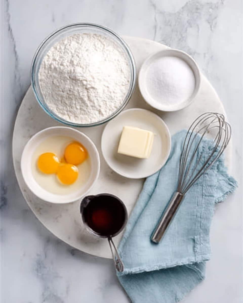 The image shows a round white marble tray with several ingredients placed neatly on top. There is a large glass bowl filled with white flour toward the top left and a small white bowl with white powder positioned near the top right. A white bowl with three bright yellow egg yolks is on the lower left side, next to a small piece of pale yellow butter on the white marble surface. Nearby, a small white bowl contains a dark brown liquid, likely vanilla extract, next to a small metal measuring cup filled with another powdery ingredient. A metal whisk rests on a light blue cloth napkin to the right side of the tray. The whole setup is on a white marbled surface. Photo taken with an iphone --ar 4:5 --v 7