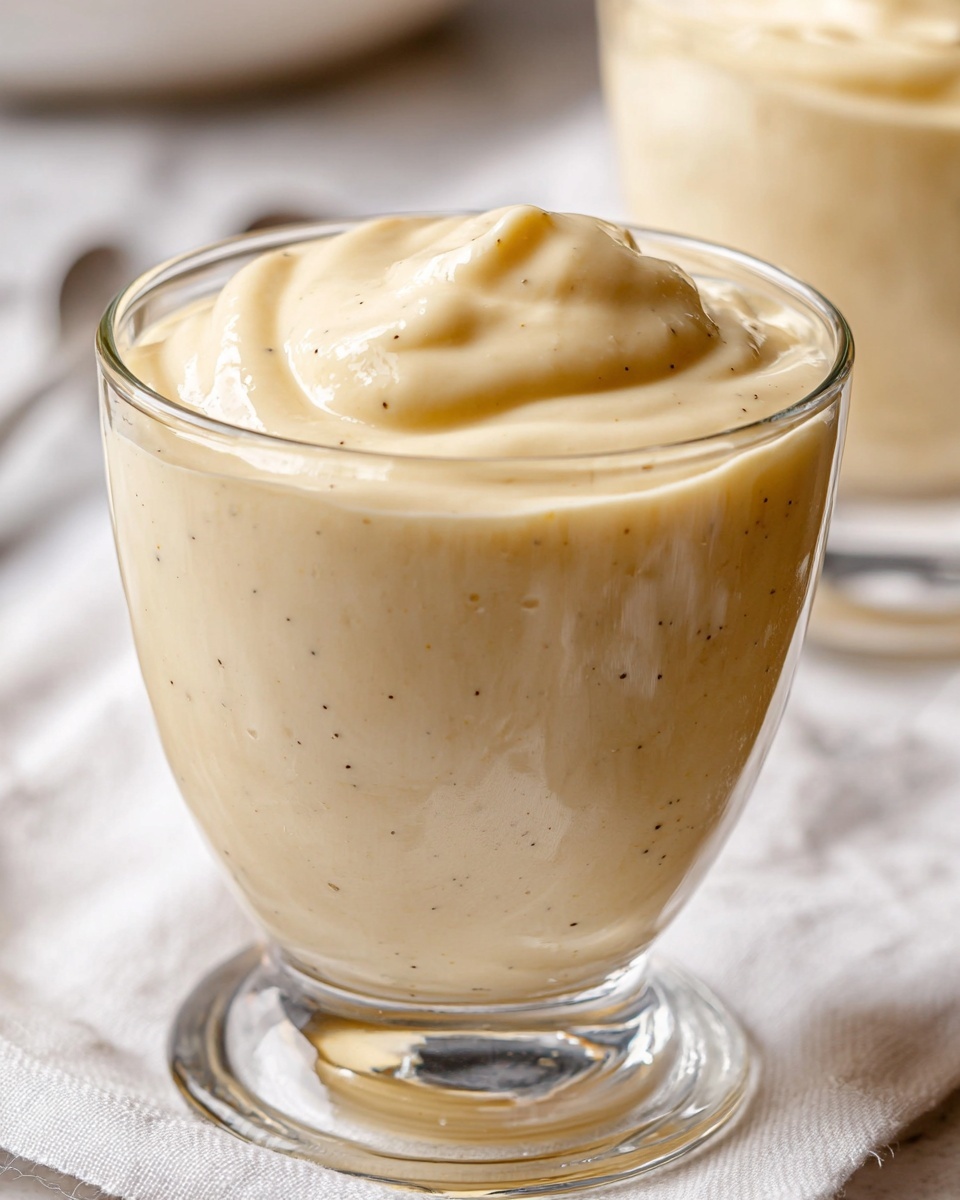 The image shows a single clear glass filled with a smooth, creamy light beige pudding that has a soft, thick texture with small black vanilla bean specks scattered throughout. The pudding reaches close to the top edge of the glass, with gentle swirls and peaks on its surface suggesting it was softly spooned in. The glass is placed on a white marbled surface with a white cloth underneath, and part of another bowl filled with a similar pudding is blurred in the background. photo taken with an iphone --ar 4:5 --v 7