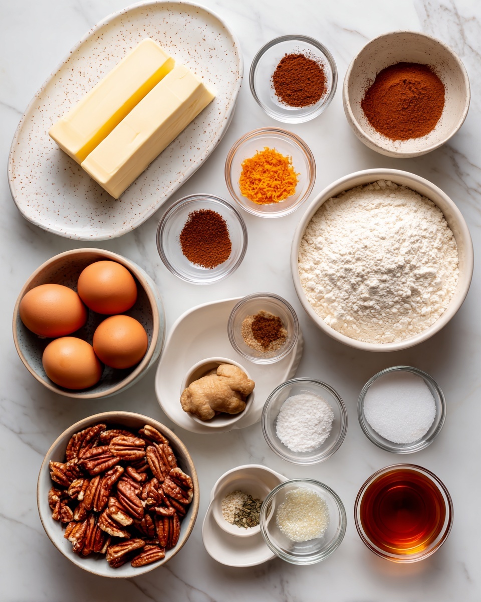 The image shows baking ingredients laid out neatly on a white marbled surface. There are two sticks of butter placed on a white oval plate with small brown speckles, positioned at the top left. Below that are three small clear bowls with orange zest, ground cinnamon, and cocoa powder placed vertically. To the right is a bowl filled with brown sugar, and next to it is a larger white bowl with flour. Above the flour bowl are four brown eggs in a beige bowl. Beside the eggs, there is a bowl of pecans, and to the right of the pecans, a white bowl with a dark amber liquid. Around these main bowls, there are small clear bowls containing various spices and liquids such as ground ginger, powdered sugar, and vanilla extract, arranged neatly in a grid-like pattern. All items are spaced evenly and the overall look is clean and organized. photo taken with an iphone --ar 4:5 --v 7