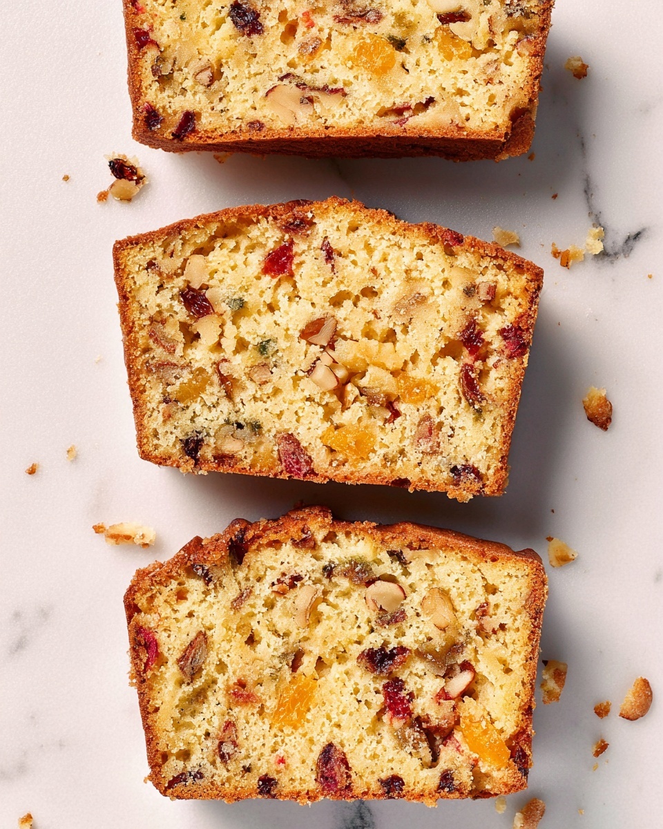 The image shows three slices of fruit and nut cake placed side by side on a white marbled surface. Each slice has a light golden brown crust and a pale yellow inside filled with colorful bits of red dried fruit, light brown nuts, and small orange pieces, giving the cake a textured look. The texture inside looks soft and crumbly, with visible chunky bits spread evenly throughout the slices. The arrangement shows the top slice at the upper part of the image, the middle one below it, and the last slice at the bottom, with some small crumbs scattered around them. Photo taken with an iphone --ar 4:5 --v 7