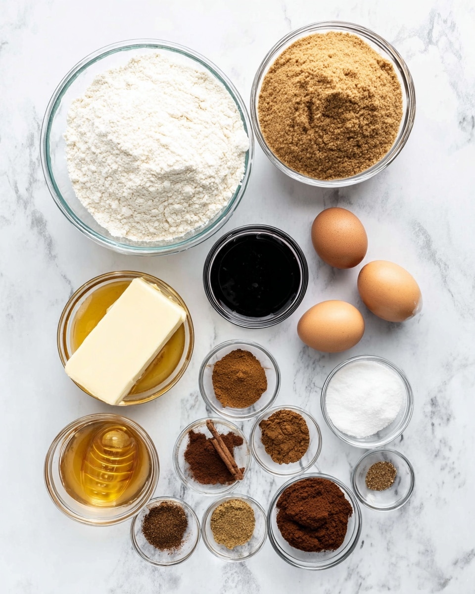 A top-down view of various baking ingredients laid out on a white marbled surface, including a large clear glass bowl filled with white flour positioned at the top center, a similar bowl of light brown sugar to the right of the flour, and a smaller bowl containing black molasses directly below the flour bowl on the left side. Two brown eggs are placed to the right of the small bowl of white salt, which is in the middle of the image. Below the eggs, there is a small glass bowl filled with golden honey, with smaller bowls of ground spices including light brown ginger powder, medium brown cinnamon powder, a darker brown nutmeg or clove powder, and another reddish-brown spice arranged around a rectangular block of pale yellow butter positioned on the left near the bottom. All items are neatly spaced, creating a clean and organized look. Photo taken with an iphone --ar 4:5 --v 7