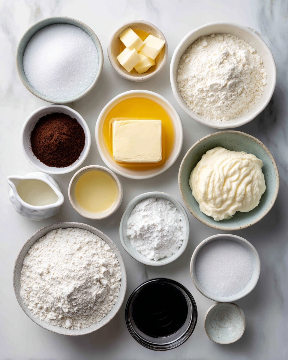 A top-down view of eleven small white and gray ceramic bowls arranged neatly on a white marbled surface, each filled with different baking ingredients: granulated white sugar, golden melted butter, white powder (likely baking powder), a large bowl of white flour, a small bowl of butter square, a small jug of cream, a small bowl of flour, a bowl of dark brown sugar, a small bowl with beaten eggs, a dark glass bowl with white salt, and a small bowl of light liquid (possibly vanilla extract). Each bowl shows a distinct texture and color, creating a balanced and organized composition. photo taken with an iphone --ar 4:5 --v 7