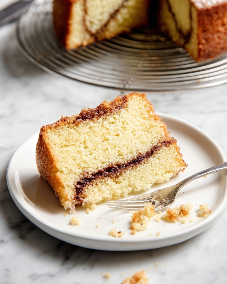 The image shows one slice of two-layer cake on a white plate placed on a white marbled surface. The cake has a light golden brown crust with a soft, pale yellow inside. Between the layers, there is a thin dark brown swirl running through the middle. A fork with a small bite of the cake is on the plate with some crumbs scattered around. In the background, a larger piece of the same cake rests on a metal cooling rack. The photo taken with an iphone --ar 4:5 --v 7