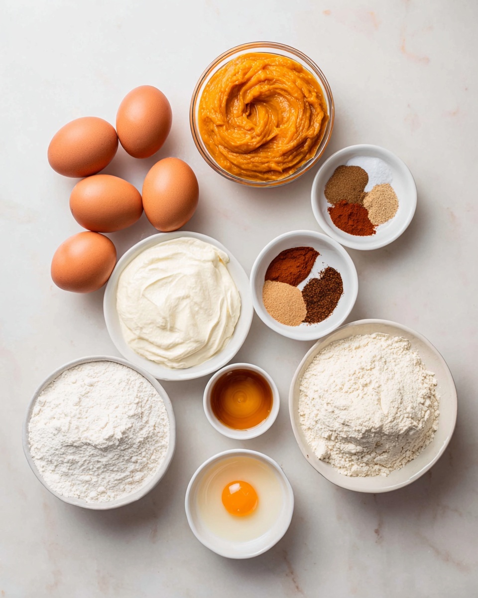 There are nine brown eggs placed in a group on a white marbled surface. Above the eggs and to the right are three white bowls; the largest contains a thick cream cheese with a soft, uneven texture and white color, the medium bowl holds smooth off-white cream, and the smallest bowl is filled with fine white sugar. Above and to the left of these is a clear glass bowl with bright orange pumpkin puree showing a smooth, slightly textured surface. Next to the pumpkin puree is a small white bowl with three spices in sections—brown, cinnamon, and nutmeg—each with a powdery texture. Above that is a tiny white bowl with amber liquid syrup, while below the spice bowl is a small white bowl with a single raw egg yolk. There is also a small white bowl with white flour to the left of the pumpkin puree. The whole setting is arranged neatly on the white marbled surface, with natural light highlighting the colors and textures of each ingredient. photo taken with an iphone --ar 4:5 --v 7