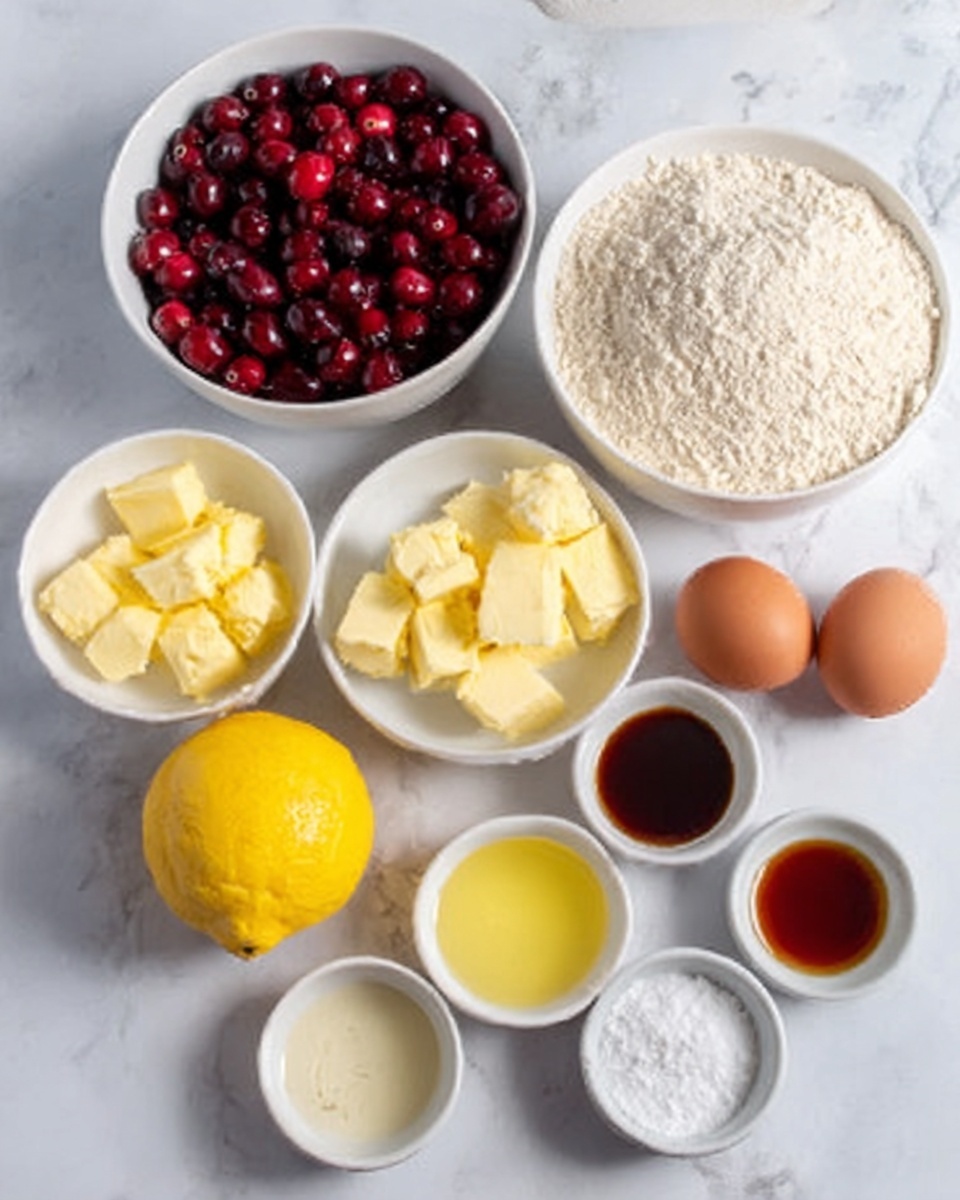 The image shows eight white bowls and containers arranged on a white marbled surface. One large bowl is filled with dark red whole cranberries, placed on the left. Beside it to the right, another large bowl holds light beige flour with a slightly grainy texture. In front of the flour, a small white bowl contains a golden yellow liquid, likely melted butter. To the left of that, a small bowl has soft yellow solid butter chunks. Further to the left is a smooth yellow lemon. To the right of the melted butter bowl, a small bowl holds a lighter yellow liquid, probably olive oil. Two brown eggs are placed on the right side near the edge. Small white bowls contain dark brown liquid, white powder, and small white granules, positioned in front. Everything is neat and clean. Photo taken with an iphone --ar 4:5 --v 7