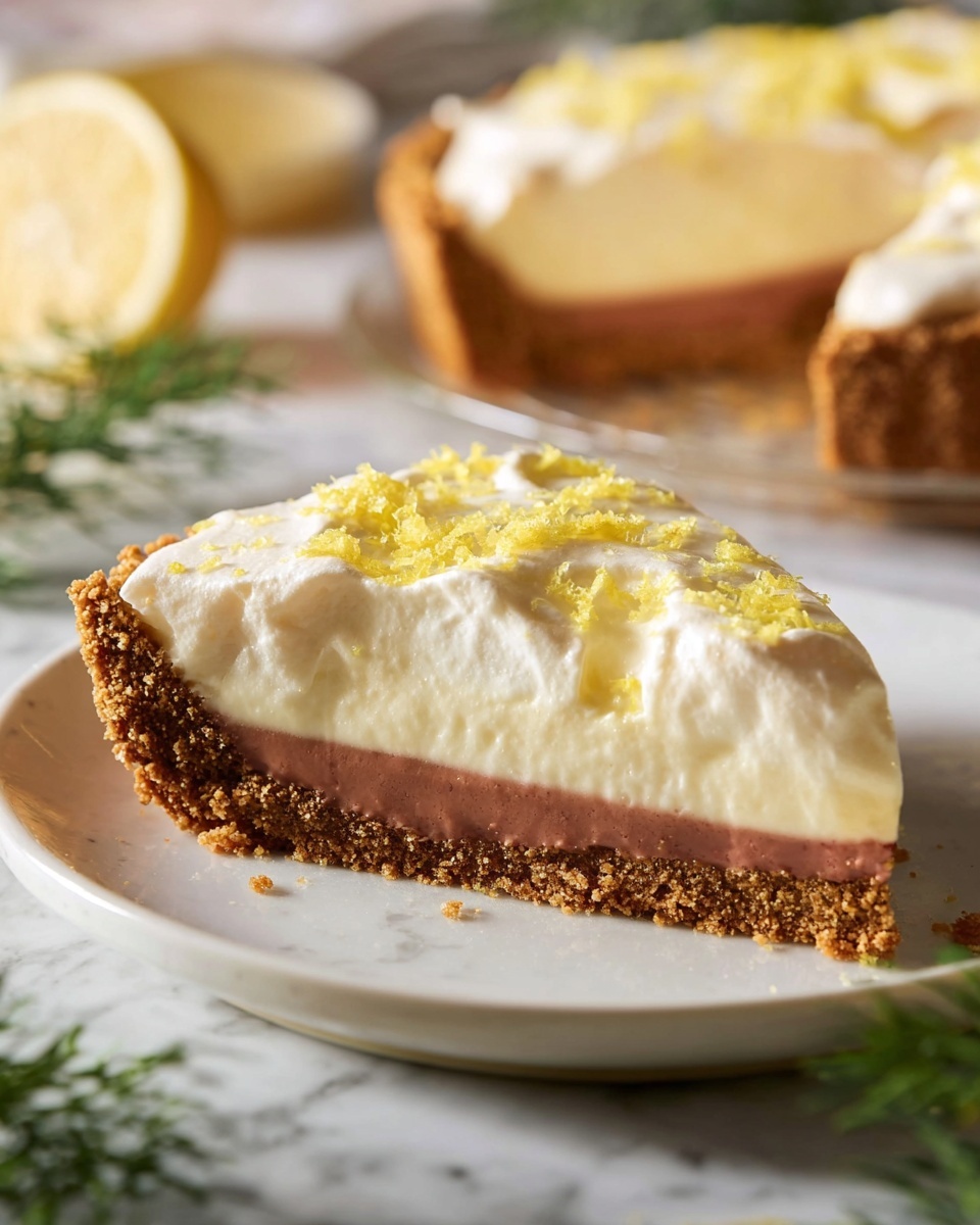 The image shows a slice of pie with three clear layers. The bottom layer is crumbly and brown, forming a thick crust around the edges. Above it is a smooth, medium-brown layer that looks creamy and dense. The top layer is fluffy and white with a light, airy texture, covered in small yellow zest pieces that add a bright touch. The pie sits on a white marbled surface with some green leaves blurred in the background, and another pie slice on a white plate is faintly visible behind. photo taken with an iphone --ar 4:5 --v 7