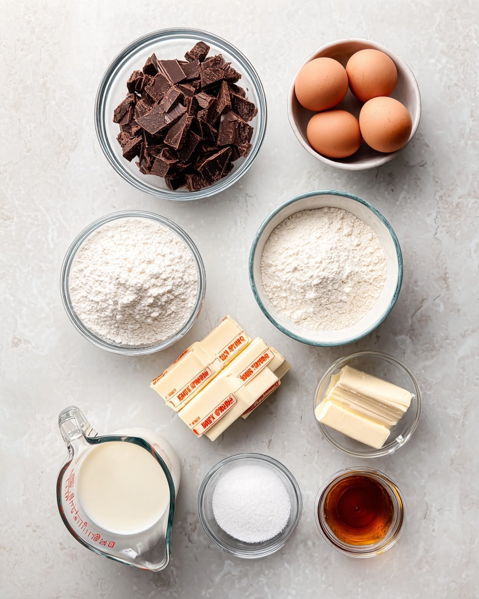 The image shows several clear glass bowls and a measuring cup arranged neatly on a white marbled surface. The top left bowl contains dark brown chopped chocolate pieces, while to its right is a bowl holding three brown eggs. Below the chocolate bowl, there is a white bowl filled with white flour, and next to it, another white bowl filled with white granulated sugar. Below the sugar, there is a small bowl of white powder, likely baking powder, and a small bowl of salt. To the lower left, a glass measuring cup is filled with cream or milk, and next to it on the right is a small glass bowl of light brown vanilla extract. Two wrapped sticks of butter with orange measurement markings are placed between the chocolate and the eggs, completing the set of ingredients. The scene is well lit with soft shadows, photo taken with an iphone --ar 4:5 --v 7