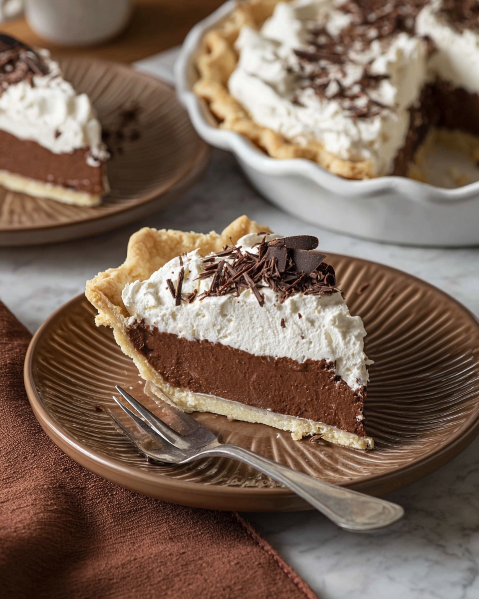 A slice of pie is shown on a brown plate with ridges. The pie has three layers: a light golden brown crust on the bottom, a thick, smooth dark chocolate middle layer, and a fluffy white whipped cream on top. The whipped cream is decorated with chocolate shavings and a small curled piece of chocolate. A silver fork lies next to the pie slice on the plate. Behind the plate, the rest of the pie is in a white pie dish with a crimped edge crust and similar layers and topping. The scene is set on a white marbled surface with a brown cloth nearby. Photo taken with an iphone --ar 4:5 --v 7