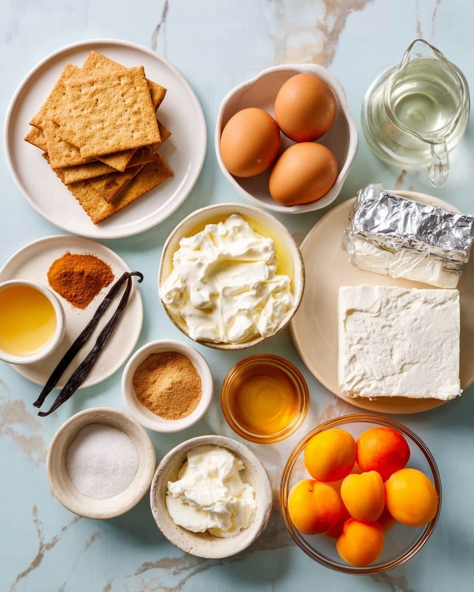 The image shows a variety of ingredients neatly placed on a white marbled surface. There is a white plate with several square beige crackers stacked together on the left side. Next to it are three brown eggs and a vanilla pod resting on another white plate. In the center, there are small white bowls filled with cinnamon powder, salt, melted butter, sugar, honey, and creamy white cheese. To the right, a clear bowl holds bright orange apricots, and next to it are two large blocks of white cream cheese partially unwrapped in silver foil. On the far right, a glass jug contains a clear liquid, likely water. Everything is arranged in an organized and colorful way, suggesting preparation for a dessert. Photo taken with an iphone --ar 4:5 --v 7