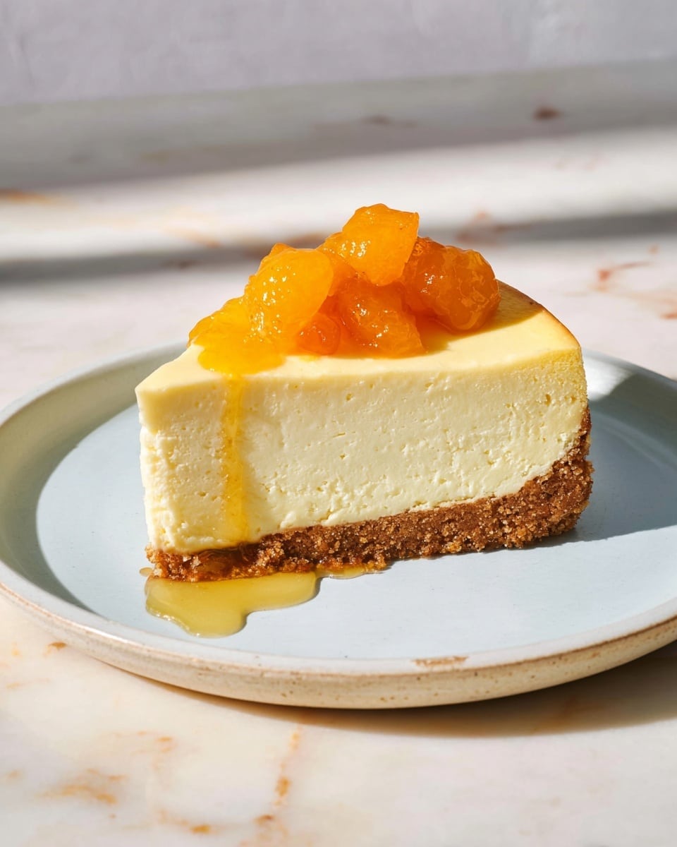 A slice of cheesecake sits on a white plate with a crumbly brown base layer, topped by a thick, smooth pale yellow middle layer with a creamy texture. On top, there is a small heap of orange fruit compote with a shiny syrup dripping slightly over the edges onto the plate. The background shows a white marbled surface with soft natural light creating gentle shadows. photo taken with an iphone --ar 4:5 --v 7