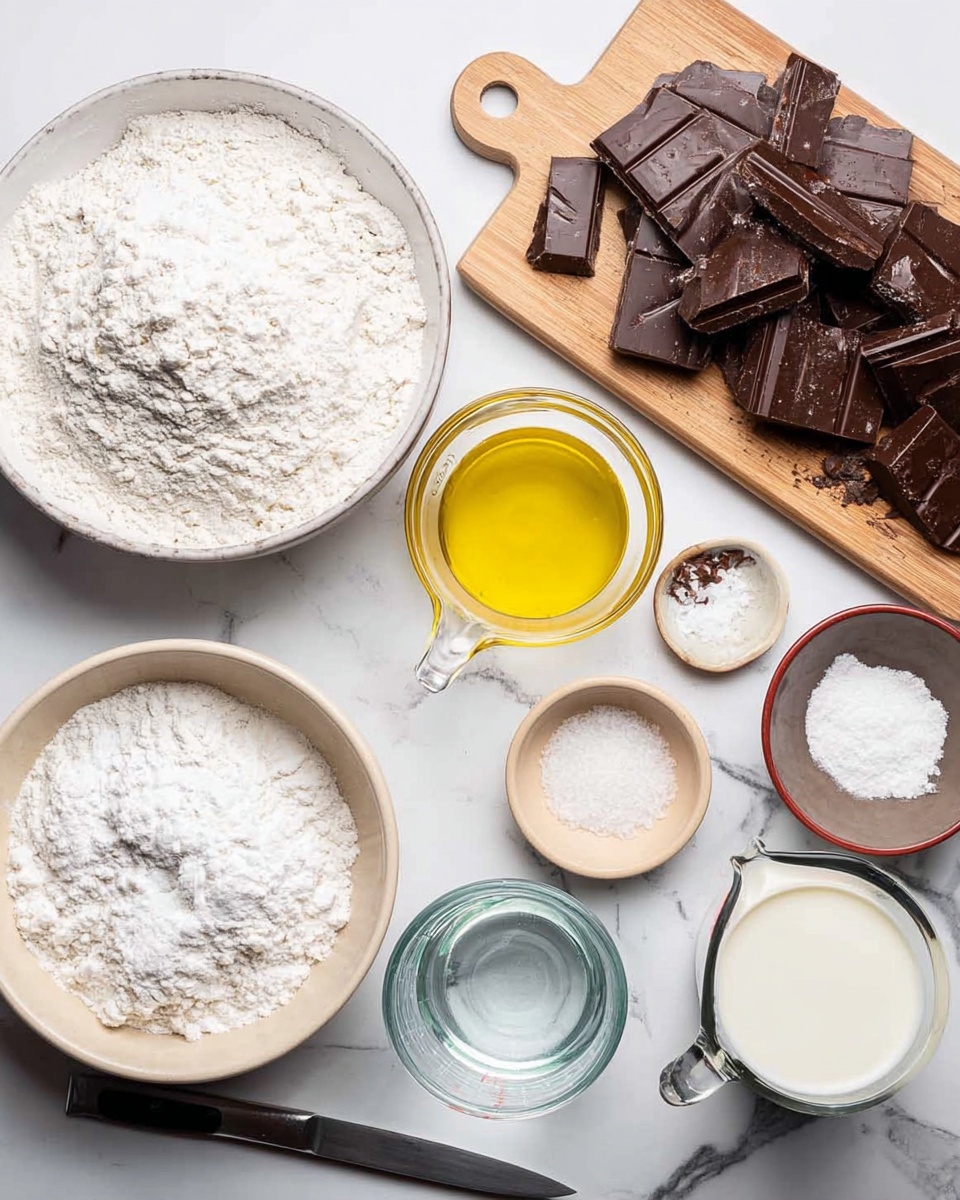 A white marbled surface holds several baking ingredients neatly arranged: a large white bowl filled with flour placed on the left, a glass measuring cup with clear water above it, a small glass bowl with yellow oil below the water, and a glass measuring cup with milk sitting near the bottom right. There is a wooden board at the top right corner with large, uneven pieces of dark chocolate scattered on it; a small glass bowl with white powder next to the chocolate. Two small beige bowls with white powder and salt are placed near the flour bowl. A metal measuring spoon rests on one of the small bowls. A knife with a black handle lies on the marble surface near the bottom right edge. Photo taken with an iphone --ar 4:5 --v 7