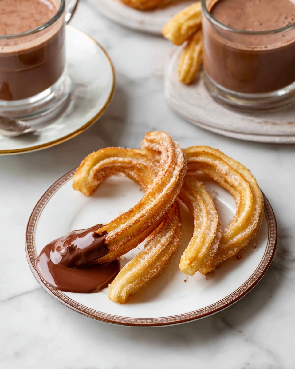 Two golden, twisted churros are placed on a white plate with a brown rim, one dipped halfway into a pool of thick, glossy chocolate sauce that pools on the plate beneath. The churros have a crisp texture with granules of sugar visible on the surface. Next to the plate, there is a clear glass cup filled with rich, creamy hot chocolate, sitting on a white saucer with a silver spoon resting beside it. The scene is set on a white marbled surface with another glass of hot chocolate and part of a similar white plate visible softly blurred in the background. Photo taken with an iphone --ar 4:5 --v 7