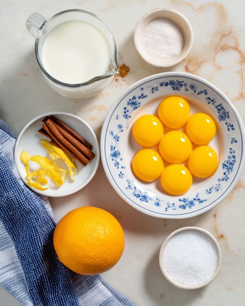 The image shows a white bowl at the top right filled with nine bright yellow egg yolks arranged closely together. Below it is a clear glass measuring jug with white milk. To the left of the milk jug, there is a white plate with a blue floral border holding a whole yellow lemon, two cinnamon sticks, and some lemon peel. Around the plate, there are three small white bowls filled with white sugar, salt, and a white powdery ingredient. At the bottom left, there is a whole orange placed on a blue and white checkered cloth. The whole scene is set on a white marbled surface. Photo taken with an iphone --ar 4:5 --v 7