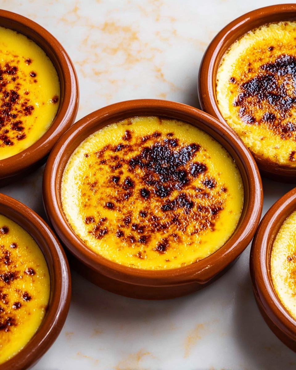 The image shows five small round brown ceramic dishes filled with a creamy yellow dessert. Each dish has one smooth layer of yellow custard topped with a burnt caramelized sugar crust that is dark brown with patches of lighter brown spots, creating a slightly uneven, textured surface. The dishes are placed on a white marbled surface with a soft, light background. The custard layer is glossy and smooth under the caramelized topping, covering the whole top of each dish. Photo taken with an iphone --ar 4:5 --v 7