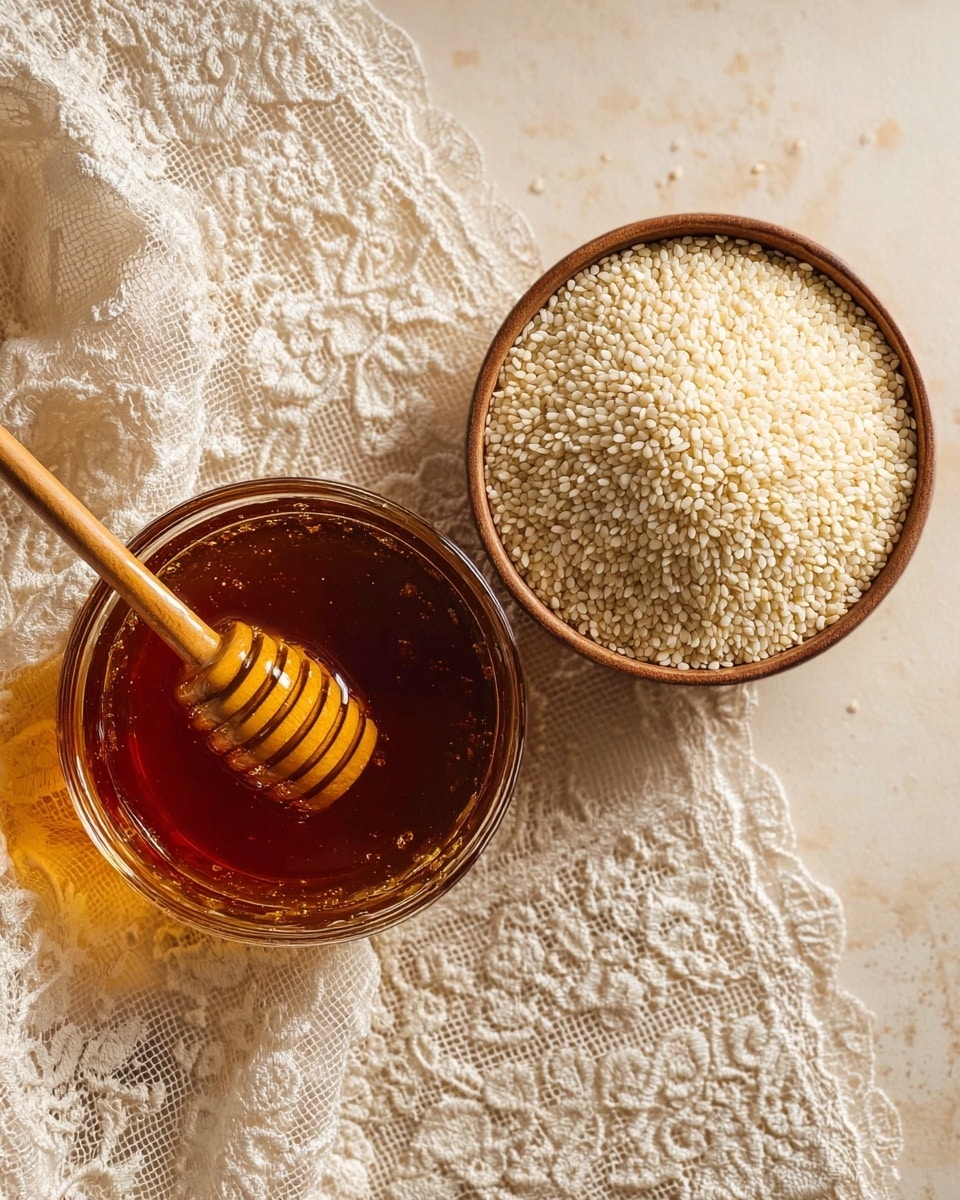 A close-up view of two round bowls on a white marbled textured surface. The bowl on the left is transparent dark amber and filled with golden honey, with a wooden honey dipper resting inside, coated with the honey. The bowl on the right is white and filled full with small white sesame seeds that have a slightly shiny texture. The bowls are placed next to a white lace fabric with floral patterns. The lighting softly highlights the honey’s shine and the texture of the sesame seeds, creating a warm and inviting look photo taken with an iphone --ar 4:5 --v 7