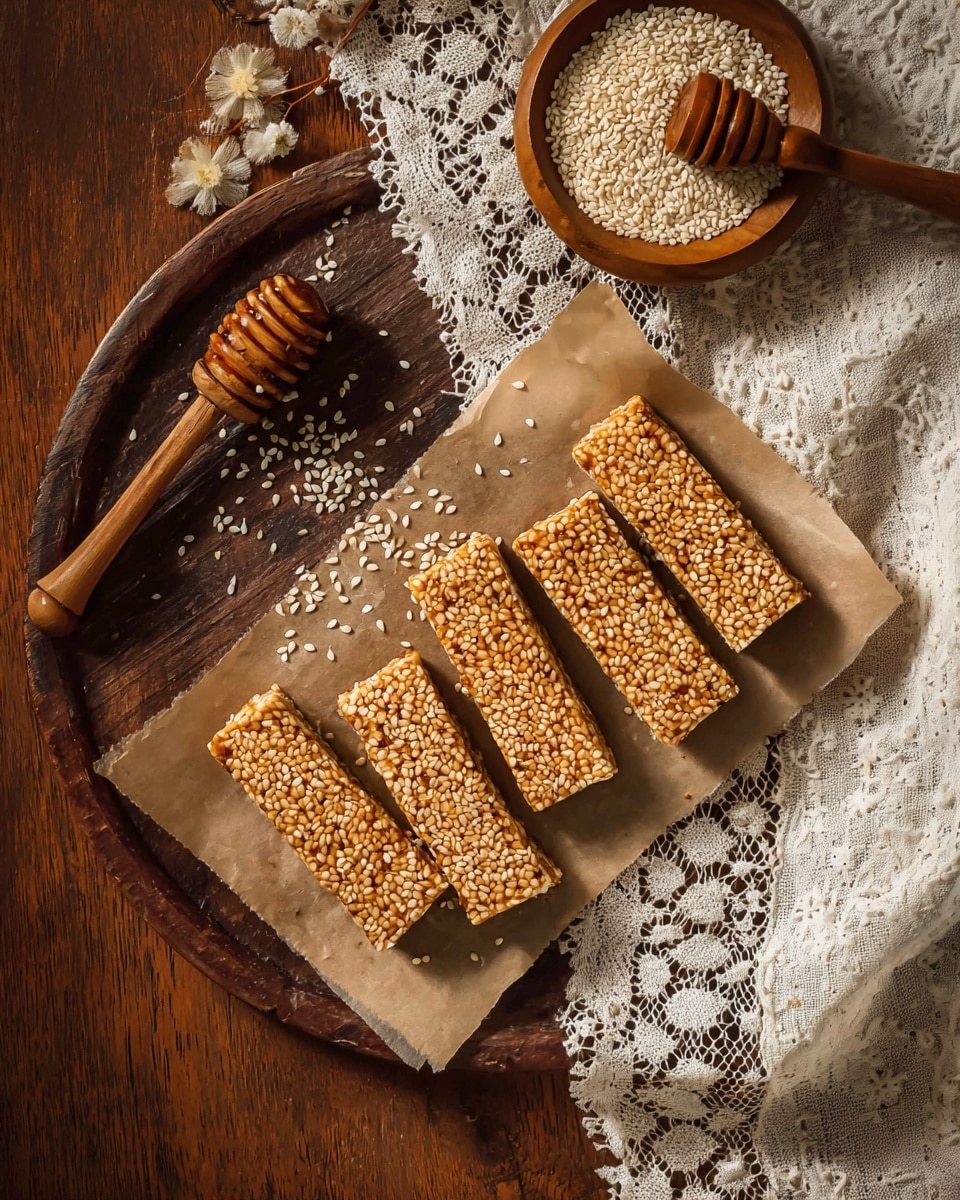 The image shows four rectangular orange sesame bars placed in a row on a piece of brown paper. The bars have a textured surface from the sesame seeds covering them. Above the bars is a round wooden spoon filled with white sesame seeds, some seeds spilling onto the brown paper and the dark wooden plate underneath. To the left is a wooden honey dipper resting on a white marbled surface next to a piece of light brown parchment paper and a white lace cloth with floral patterns partially under the plate. The scene is warm and rustic with natural textures and colors. photo taken with an iphone --ar 4:5 --v 7