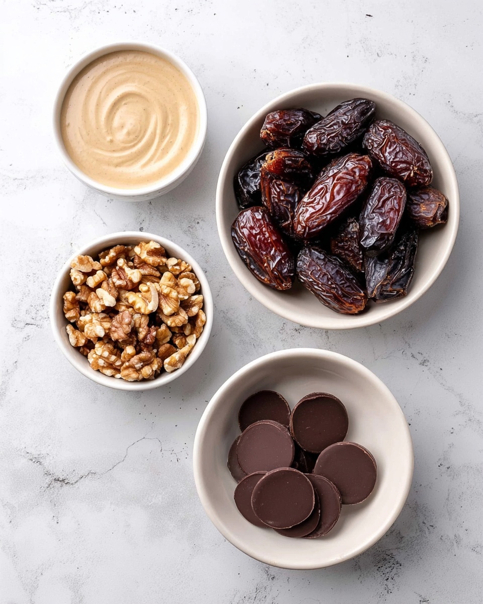 The image shows four white bowls placed on a white marbled surface. The largest bowl on the right is filled with dark brown, wrinkled dates. Above it, a small bowl holds a creamy beige sauce with a smooth texture. To the left of the sauce bowl, another small bowl is filled with pieces of light brown walnuts that have a rough texture. Below the walnuts, a medium bowl contains round, flat, dark chocolate discs that have a smooth and shiny surface. photo taken with an iphone --ar 4:5 --v 7
