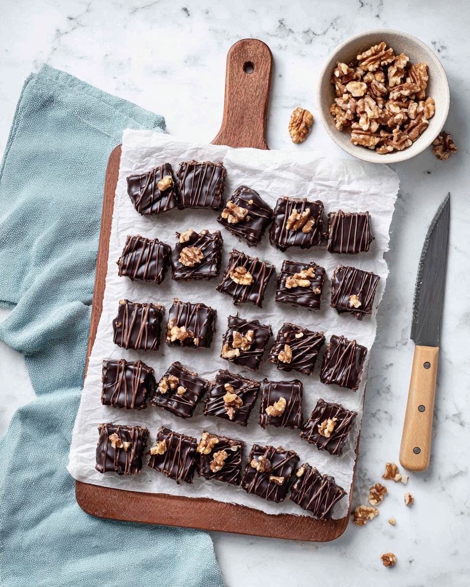 The image shows a wooden board with a piece of white parchment paper on top, holding about 30 square dark chocolate treats scattered loosely in rows. Each treat has a shiny, slightly bumpy surface with different-sized walnut pieces visible inside and drizzled on top in thin lines. To the upper right, a small white bowl is filled with broken walnut pieces, and a knife with a light wooden handle lies beside it. A soft blue cloth rests on the left side of the board, all placed on a white marbled surface. photo taken with an iphone --ar 4:5 --v 7