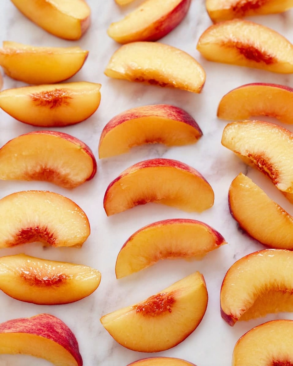 The image shows many peach slices arranged neatly in rows on a white marbled surface. Each slice is light orange with reddish skin around the edges, and the inner flesh looks soft and slightly juicy. The texture appears smooth with some slight caramelized spots on the top part of the slices. The peach slices are evenly spaced, creating a pattern that fills the entire image. Photo taken with an iphone --ar 4:5 --v 7
