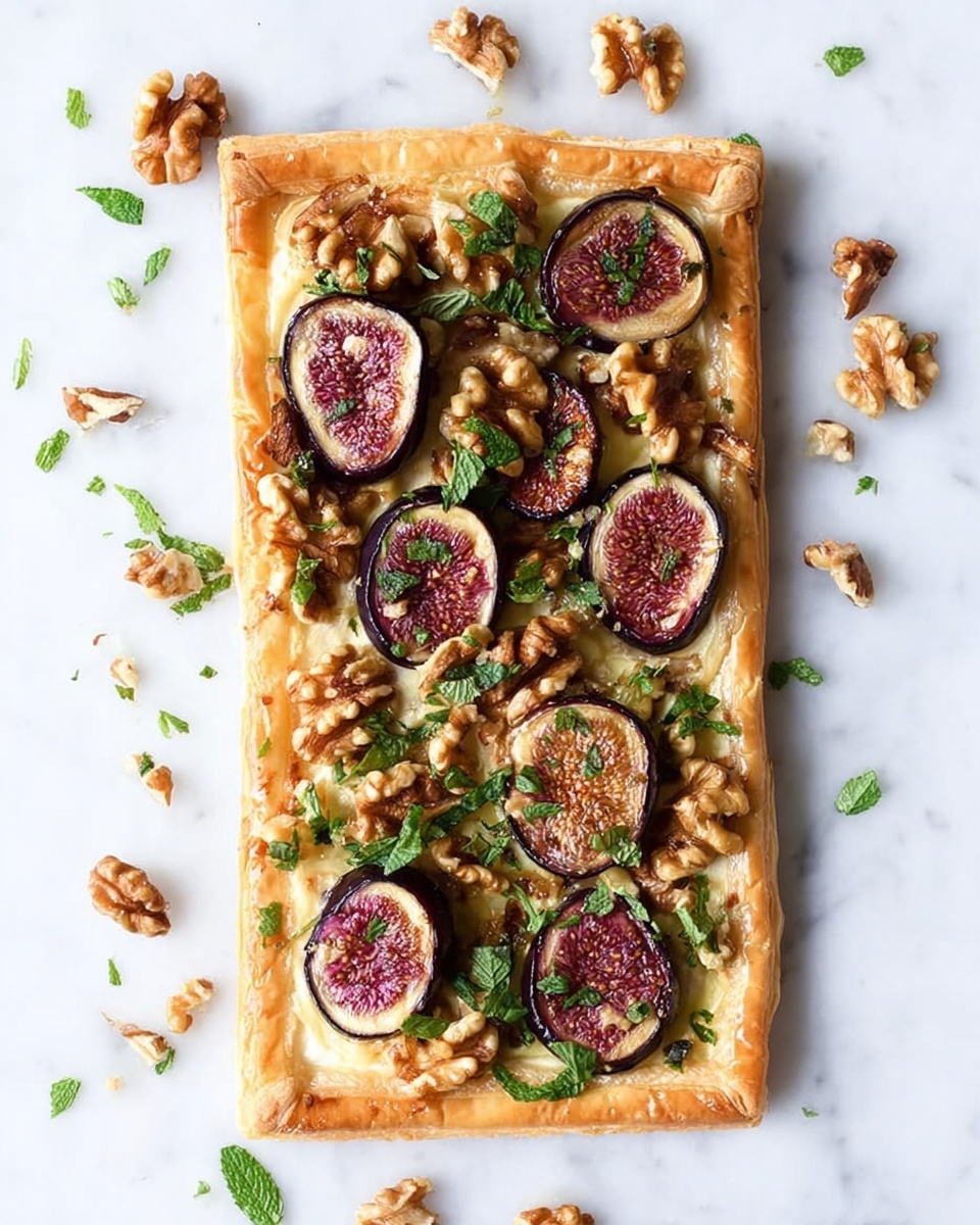 A rectangular puff pastry tart sits on a white marbled surface, topped with six round slices of figs showing purple skin and a soft pinkish-brown inside, scattered over a base of melted, slightly golden cheese. Large pieces of light brown walnuts rest unevenly across the tart, mixed with small, roughly chopped green mint leaves sprinkled on top and around the tart. The edges of the pastry are golden and flaky, creating a crisp frame around the fruit and nuts. Photo taken with an iphone --ar 4:5 --v 7