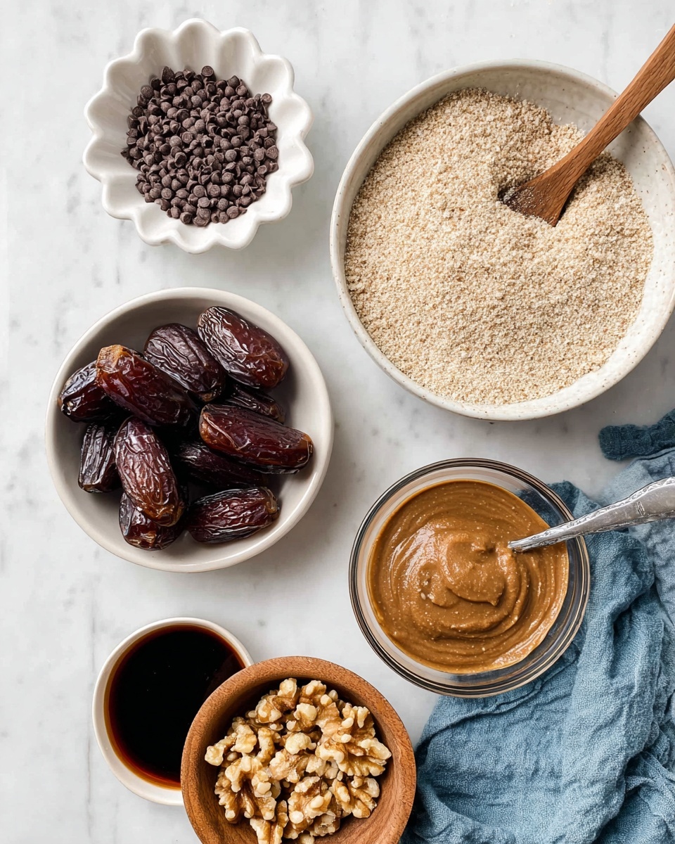 The image shows six white bowls arranged on a white marbled surface, each filled with different ingredients. One large bowl at the top right contains a coarse beige powder with a wooden spoon resting inside. To its left, a smaller scalloped white bowl holds small dark chocolate chips. Below the chocolate chips, a round white bowl is filled with shiny dark brown dates. In the center right, a clear glass bowl contains a smooth light brown paste with a silver spoon in it. Below this is a small white bowl filled with a dark liquid. At the bottom center, a small wooden bowl holds light brown chopped walnuts, and a crumpled blue cloth lays next to it. The arrangement is neatly spaced, with a soft natural light highlighting the textures photo taken with an iphone --ar 4:5 --v 7