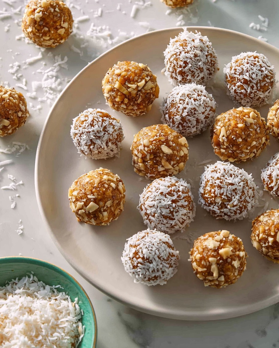 A group of small round balls arranged closely on a white plate, with some balls covered in fine white coconut flakes showing a rough, fibrous texture, and others coated in chopped nuts giving a coarse, uneven look. The balls are light brown underneath the coatings, and the plate sits on a white marbled surface with scattered balls of both types around the plate edges, catching soft natural light. A bowl partially visible in the bottom left corner contains more white shredded coconut. photo taken with an iphone --ar 4:5 --v 7