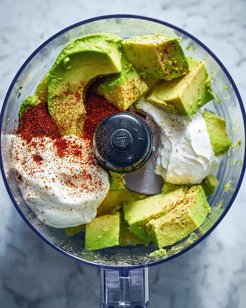 Inside a clear food processor bowl, there are several large pieces of bright green avocado, a dollop of thick white sour cream, and a sprinkle of red chili powder. The food processor blade is black and silver, positioned in the middle of the bowl on a white marbled surface. The colors of green, white, and red spices stand out clearly in the bowl, which is viewed from above. photo taken with an iphone --ar 4:5 --v 7