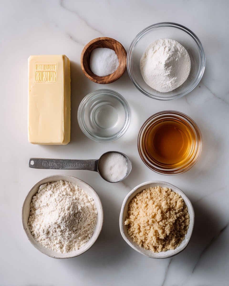 The image shows seven ingredients arranged neatly on a white marbled surface. From left to right, there is a rectangular stick of pale yellow butter, a small wooden bowl with white salt, a clear empty glass bowl, a glass bowl with a light brown liquid, a metal measuring cup filled with white powdered sugar, a glass bowl with off-white flour, a small white bowl with a light beige powdery ingredient, and a metal measuring cup filled with crumbly light brown sugar. All bowls and cups are placed separately in an organized way. photo taken with an iphone --ar 4:5 --v 7