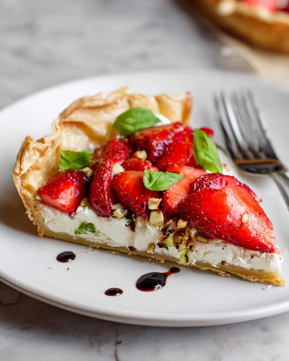 A slice of tart with three main layers is shown on a white plate with a silver fork beside it. The bottom layer is a thin, crisp, golden-brown pastry crust with a rough, flaky edge. The middle layer is white and creamy, topped with small pieces of chopped pistachios and a few green leaves. The top layer consists of several bright red strawberry slices arranged to cover most of the tart's surface. There are a few drops of dark sauce on the plate near the fork. The white plate sits on a wooden surface with part of a whole tart blurred in the background. photo taken with an iphone --ar 4:5 --v 7