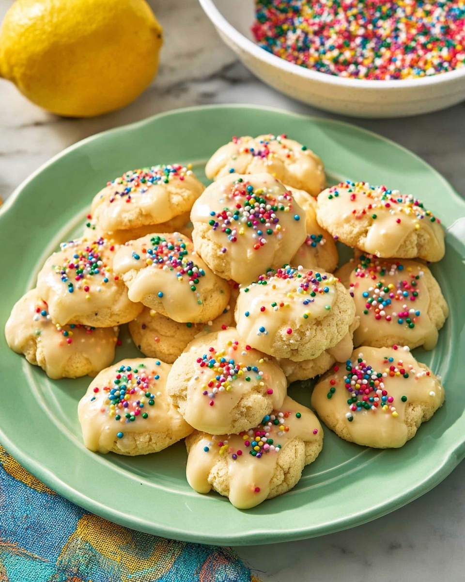 A light green round plate holds about twenty small, round cookies in uneven shapes. Each cookie is covered with a smooth, pale yellow icing layer that has a glossy texture and is thick enough to drip slightly down the sides. On top of the icing, there is a scattering of small, round colorful sprinkles in red, blue, green, yellow, and pink. In the background, part of a white bowl filled with more colorful sprinkles and a yellow lemon are visible, all placed on a white marbled surface. The photo taken with an iphone --ar 4:5 --v 7