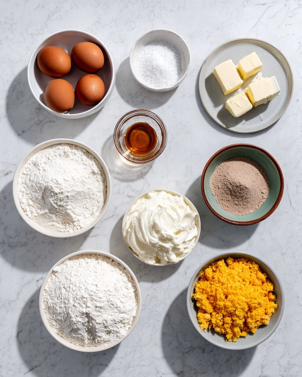 The image shows eleven bowls and plates arranged neatly on a white marbled surface, each containing a different baking ingredient. Starting from the top left, there is a white bowl with three brown eggs, a small white bowl filled with white granulated sugar, and a tiny white bowl with salt. Below the salt is a small clear plate holding four small cubes of butter, and to its right is a small clear glass cup with golden liquid, likely honey or syrup. In the center right are three more bowls: a gray bowl with light brown powder, a larger white bowl filled with whipped cream or a creamy mixture, and a white bowl with bright yellow chopped ingredients, possibly dried fruit. At the bottom left is a white bowl full of flour, and next to it is a white bowl with powdered sugar. The neat arrangement and the natural daylight highlight the ingredients clearly, with soft shadows present. photo taken with an iphone --ar 4:5 --v 7
