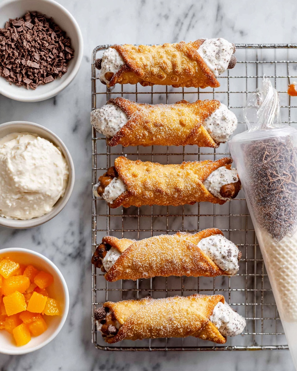 Six golden-brown cannoli shells are placed on a metal cooling rack over a white marbled surface, each filled with a creamy, speckled white filling visible at both open ends. To the right of the rack, a clear piping bag filled with the same speckled white cream rests flat on the white marbled surface. Above the rack, a small white bowl contains finely grated chocolate pieces. In the lower-left corner, a white bowl holds small, bright orange diced fruit pieces. photo taken with an iphone --ar 4:5 --v 7